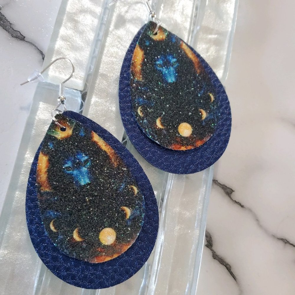 Wolf Moons Blue Faux Leather Teardrop Earrings